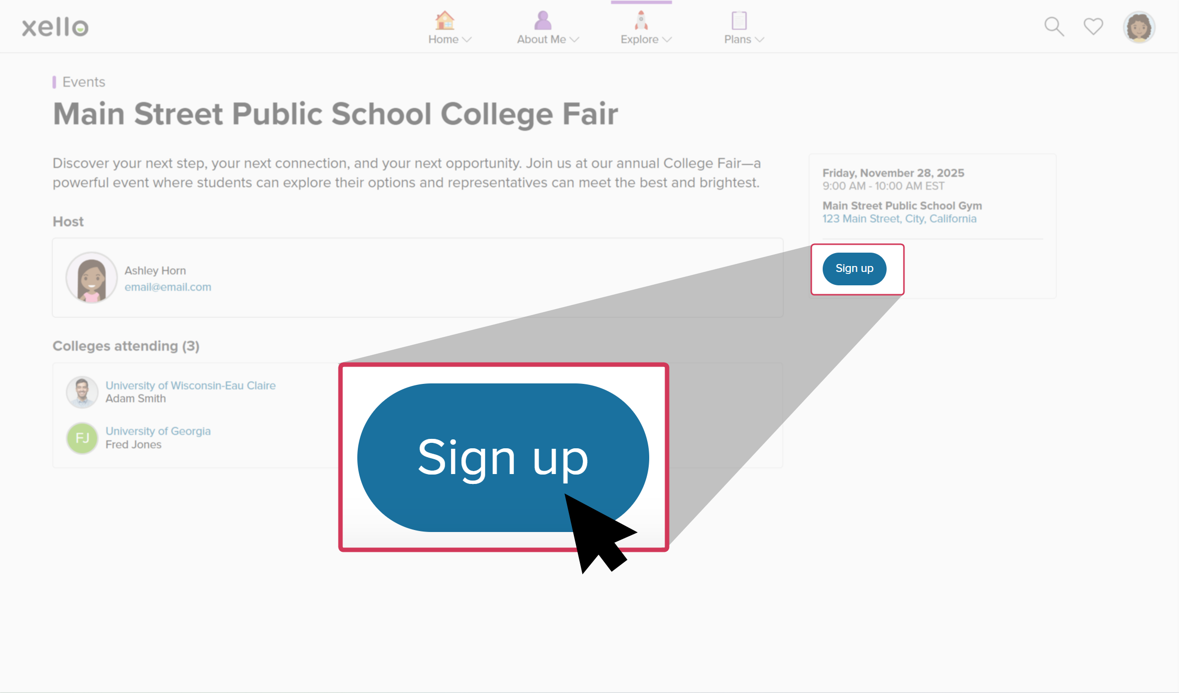 Student account in Xello on an event detail's page. The cursor is clicking the Sign up button
